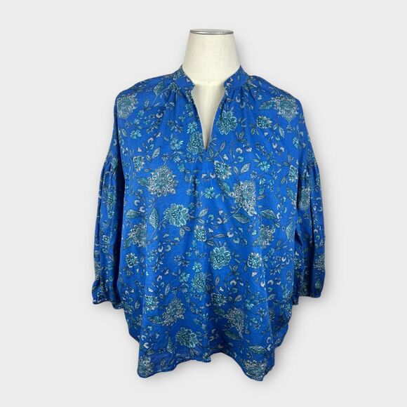 J Jill Popover Blue Floral Paisley Balloon Sleeve Blouse Plus Size 3X/4X Cotton - Picture 1 of 8